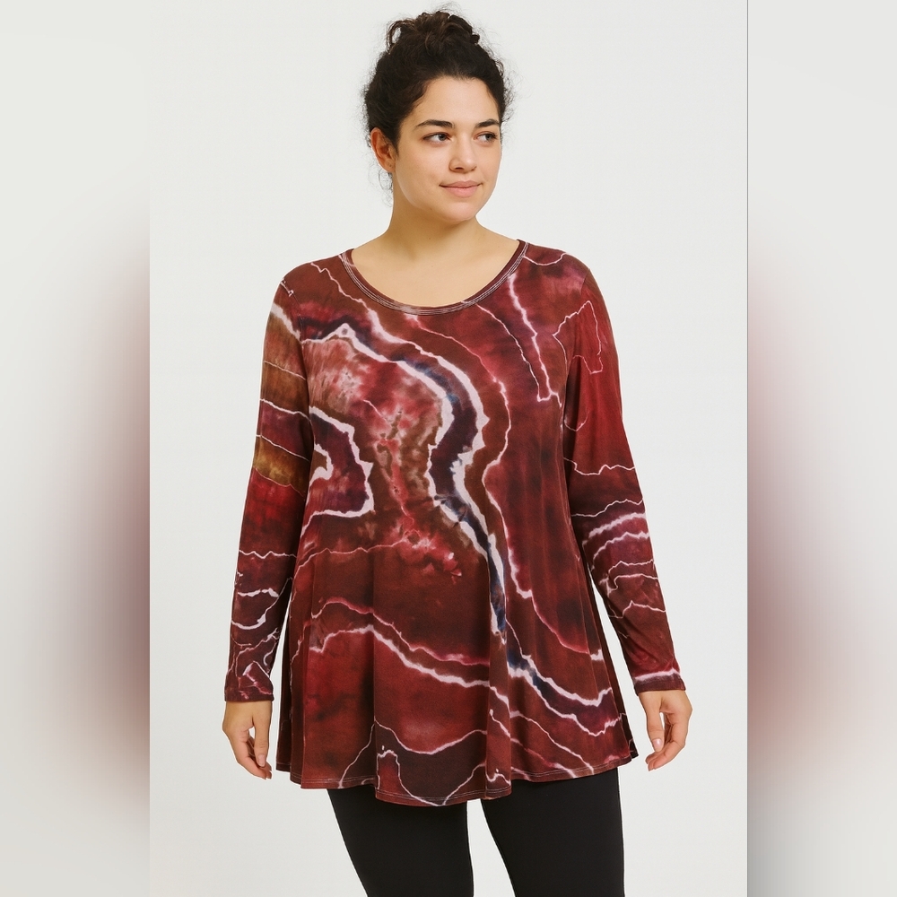 ZION Ladies Large Red and Brown Long Sleeve Tie Dye Stretchy Tunic